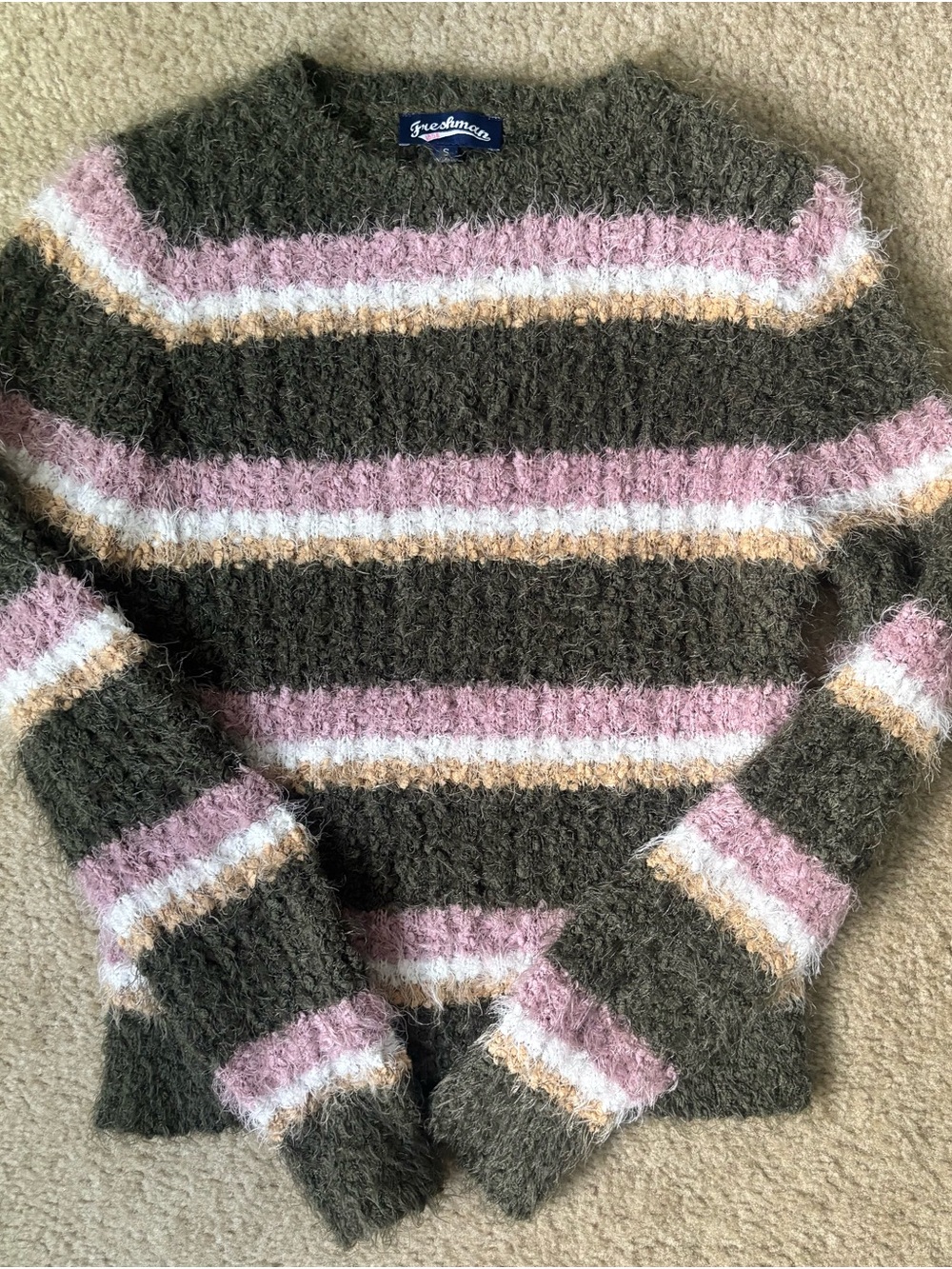 Freshman Women's Olive Fuzzy Stripe Sweater - Pink & Cream Accents
